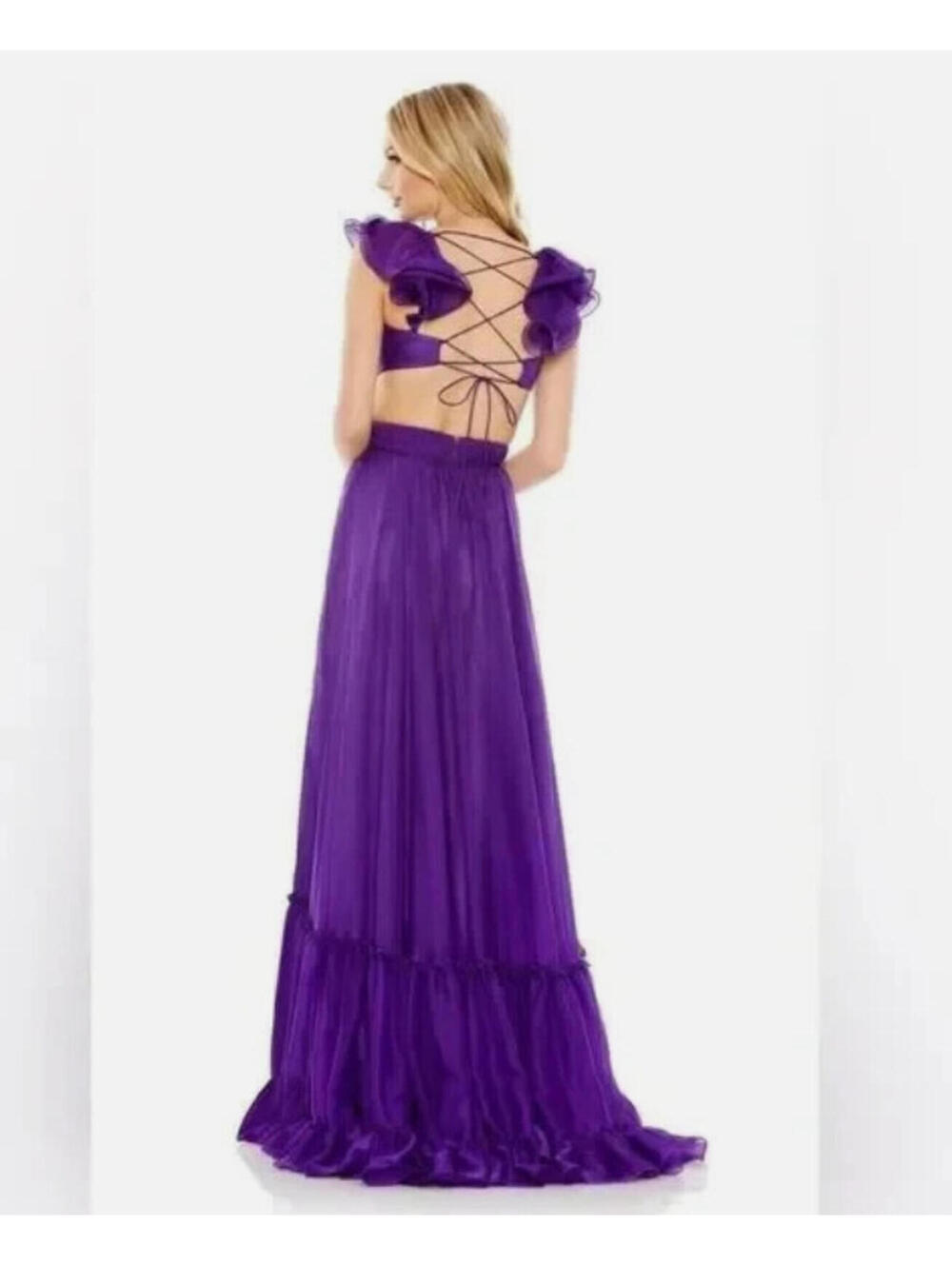 Mac Duggal 70254 Purple Evening Gown Chiffon Backless Tie-Up A-Line Dress Size 8
